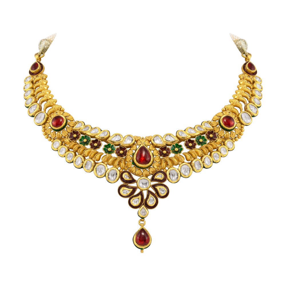 Traditional Necklace with Polki, Red & Green Enamel